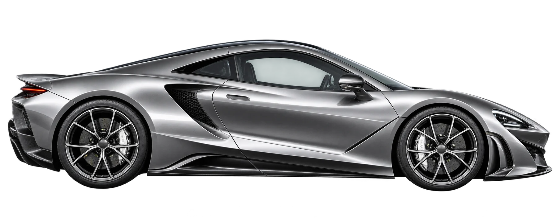 Silver graphite sports coupe in full side profile