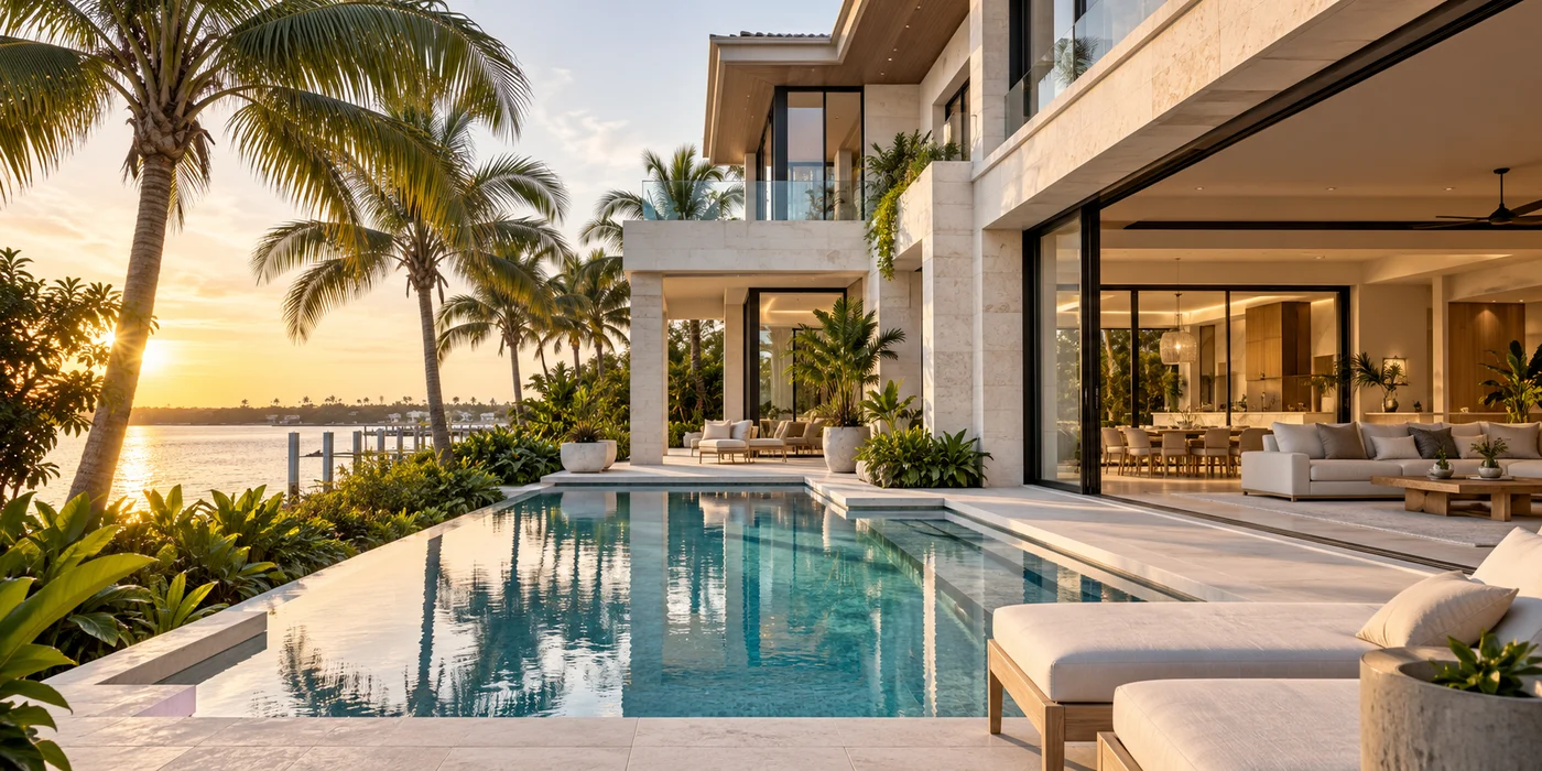 Contemporary coastal home with a swimming pool and tropical planting