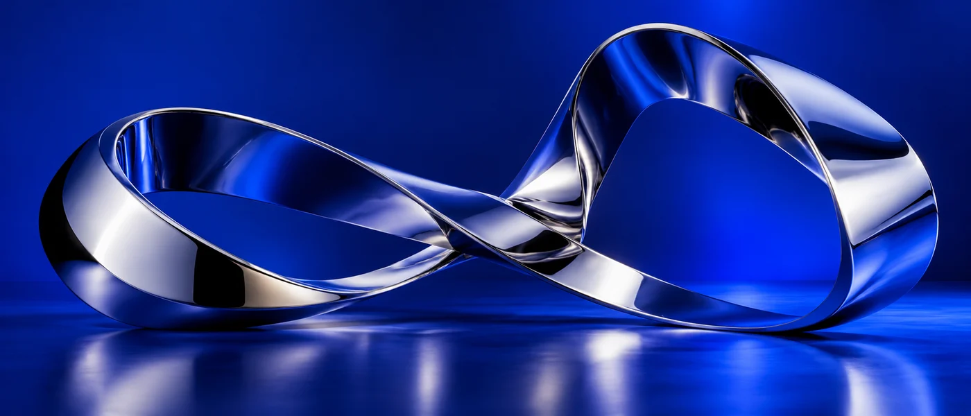 Sculptural chrome ribbon in an ultramarine blue studio